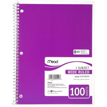 1 Subject Wide Ruled Spiral Notebook